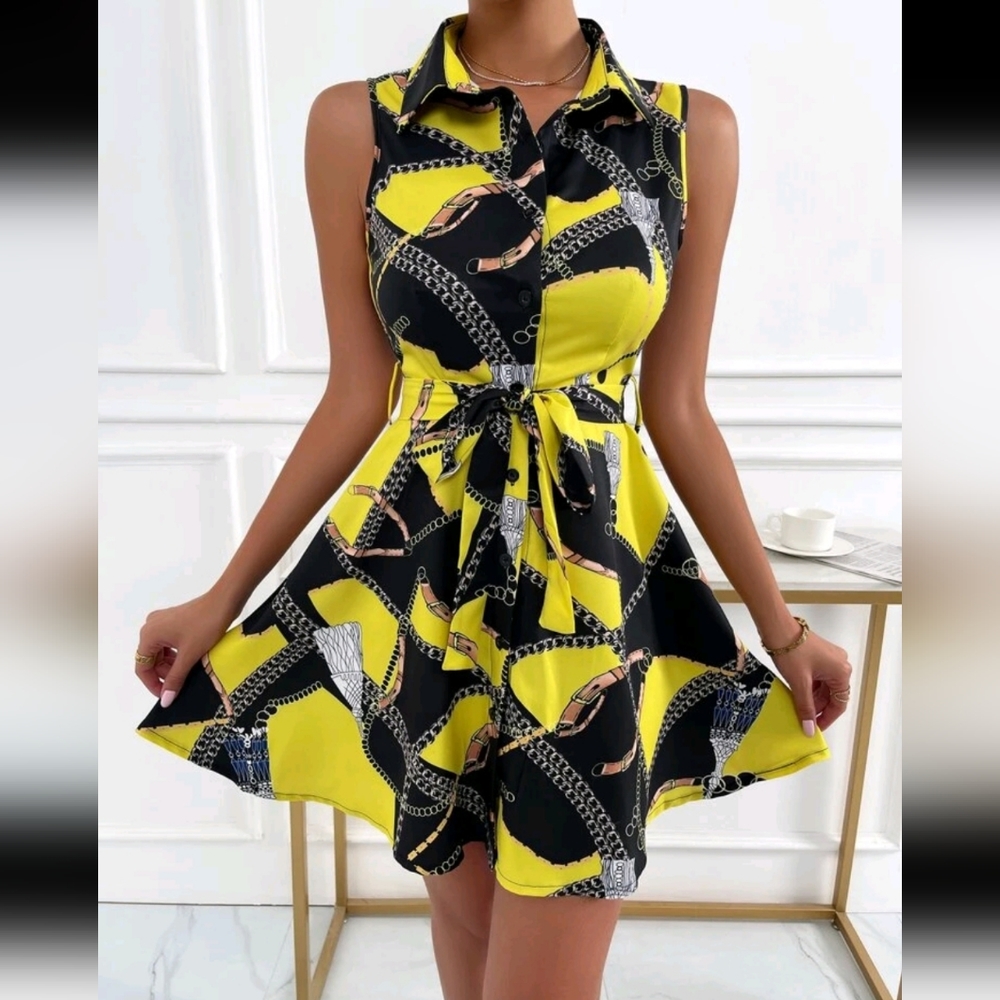 Chain print color block belted shirt dress